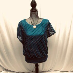 AB Studio Teal Mesh Overlay Short Sleeve Top Womens Sz Small Attached Solid Tank